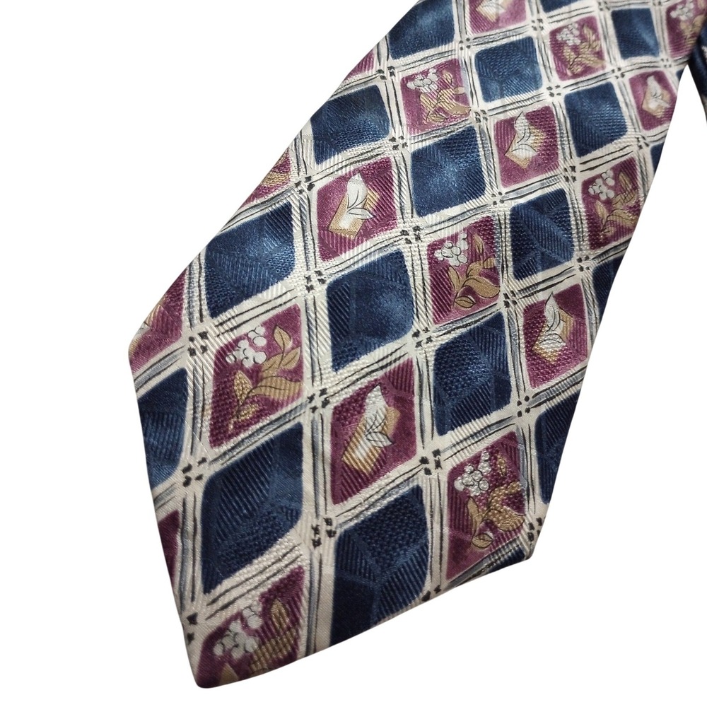 Albert Nipon Mens Silk Tie Navy Blue Burgundy Geometric Floral Diamond Pattern